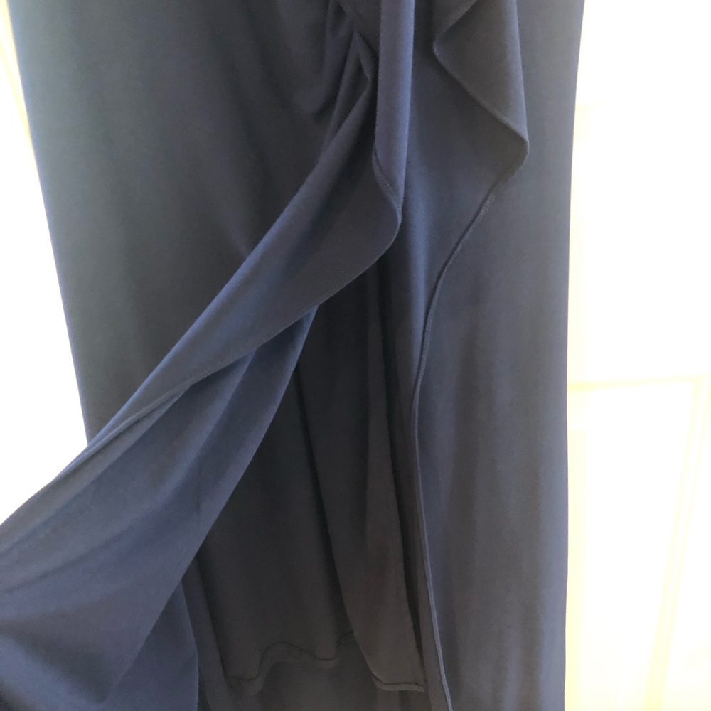 Betsy & Adam Navy Blue Floor Length Ruffled V-neck Gown Stretch Jersey Size 6 - Picture 5 of 7